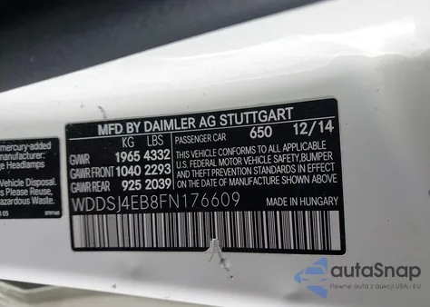 2015 Mercedes-Benz Cla 250 z USA, uszkodzony, nr VIN WDDSJ4EB8FN176609